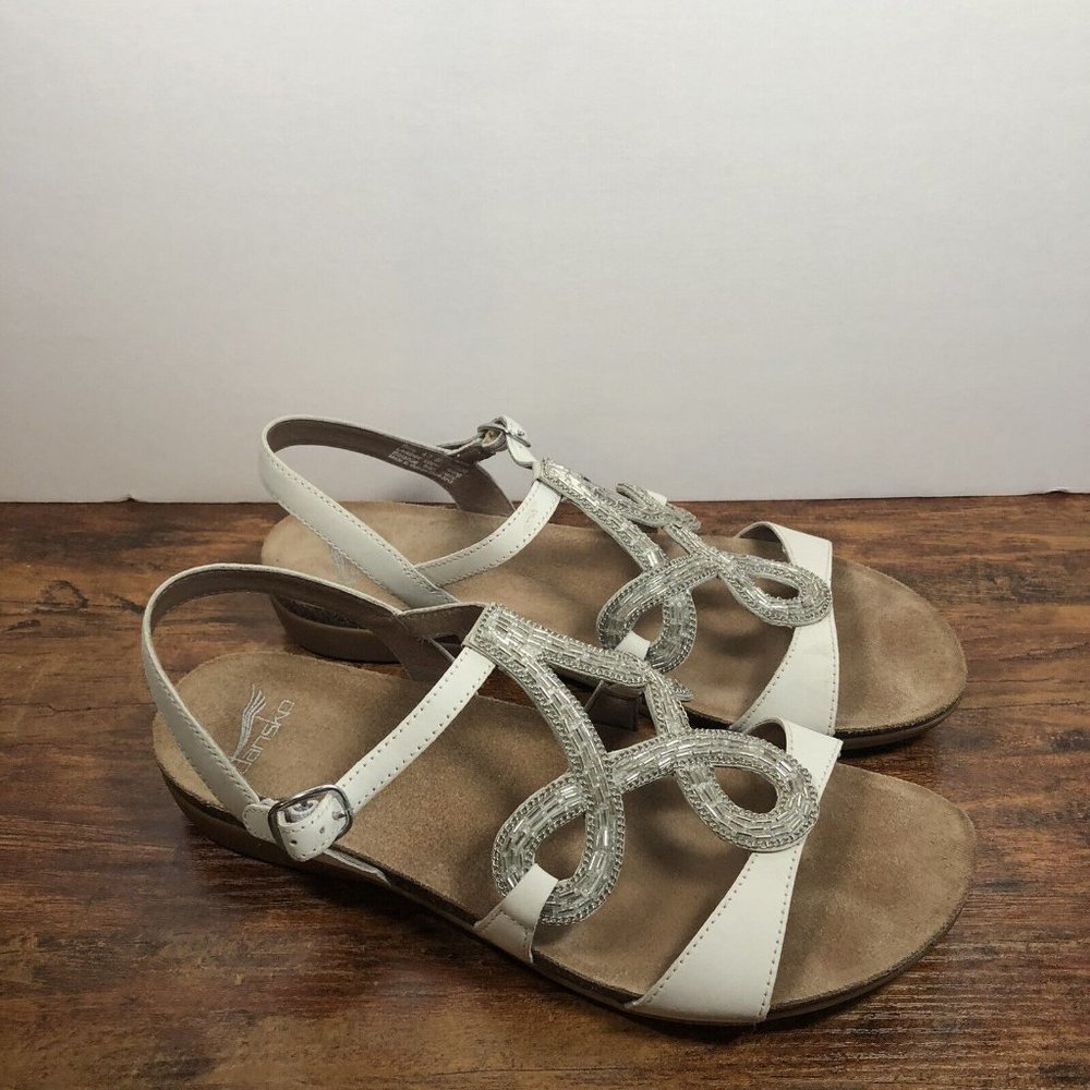 Dansko REETA Womens Size 42 US 11.5-12 T Strap Sandals White Silver Shoes EUC